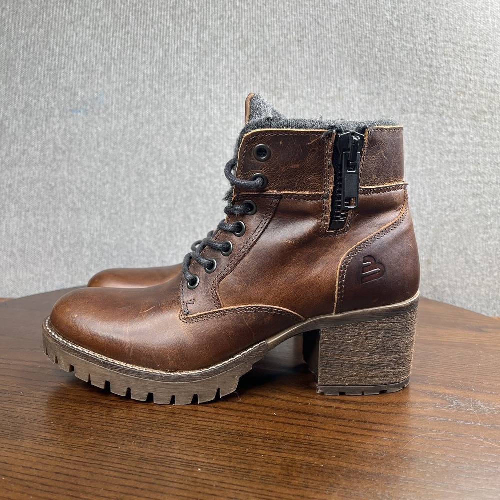BullBoxer Margeret Combat Boot's Womens 8 Brown Leather Lug Chunky Heel Zip Shoe